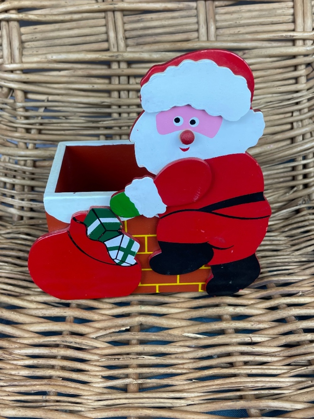 Vintage 1980s Christmas Red Wood Santa Claus Chimney Planter or Candy Box